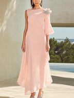 Elegant Pale Pink Chiffon Single-Sleeve Dress with Shoulder Brooch