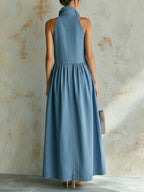 Light Blue Denim Sleeveless Button-Down Maxi Dress