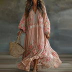 Women's Floral Art Print Flowy Linen Blend Casual Long Sleeve Maxi Dress
