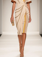 Apricot Wrap Dress Shirt Collar Short Sleeve Sheath Midi Dress