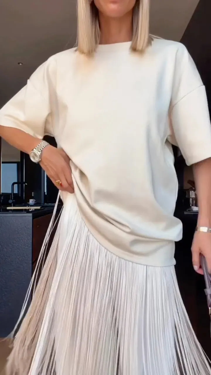 White Fringe Oversized T‑shirt Maxi Dress