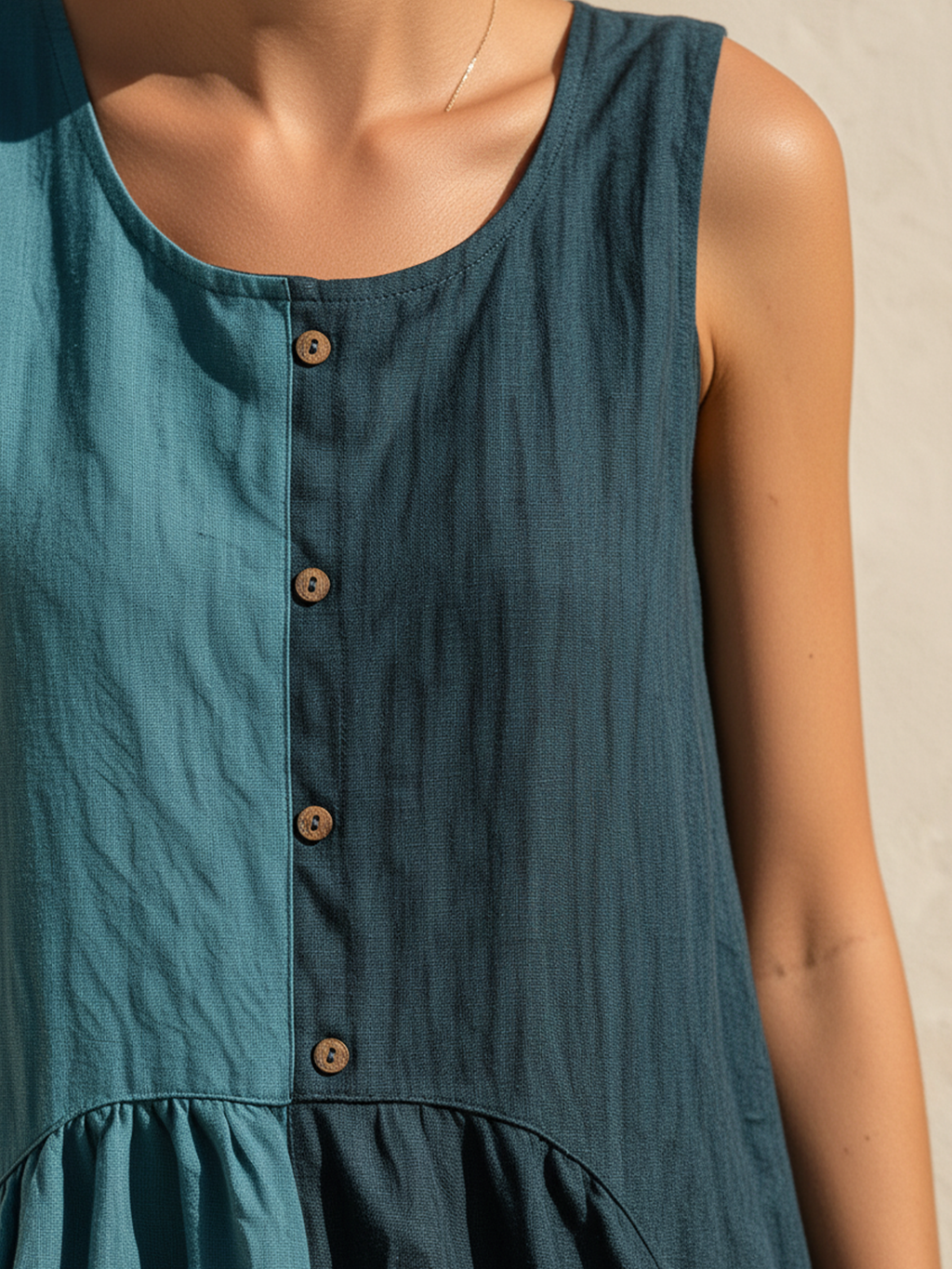 Teal Color Block Sleeveless Linen-Blend Maxi Dress
