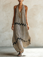Black & Beige Chevron Print Halter Neck Maxi Dress