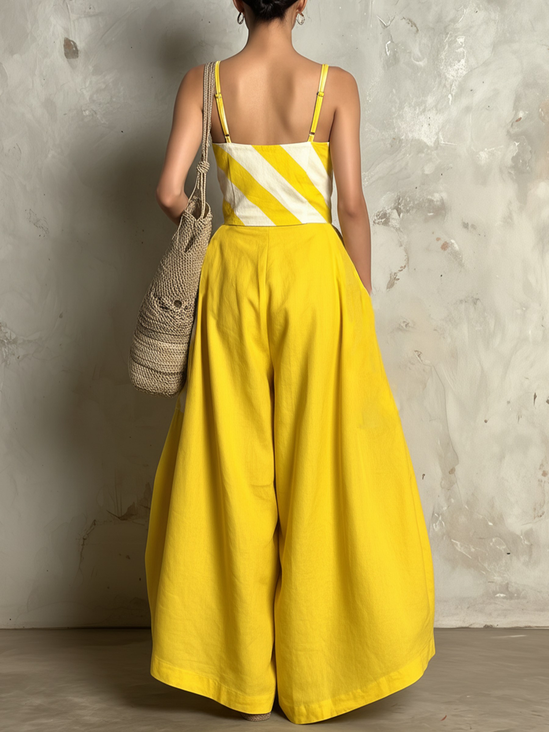 Yellow & White Striped Cami Top & Wide Leg Pants Set