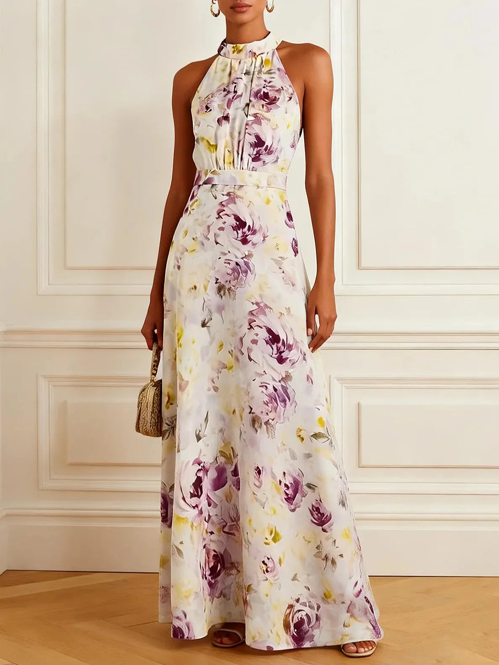 Light Purple Floral Chiffon Halter Sleeveless A-Line Maxi Dress