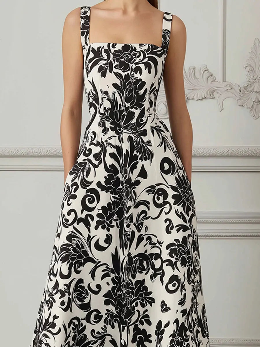Black & White Baroque Floral Print Square Neck A-Line Midi Dress