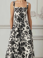 Black & White Baroque Floral Print Square Neck A-Line Midi Dress
