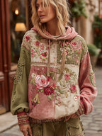 Women's Vintage Floral Embroidery Patchwork Art Casual Hoodie