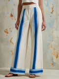 Cream Linen-Blend High-Waist Wide-Leg Pants With Blue Stripe Detail