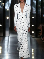 White Polka Dots Deep V Neck Long Sleeve A-Line Maxi Dress