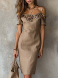 Vintage Floral Embroidered Cotton Linen Midi Dress
