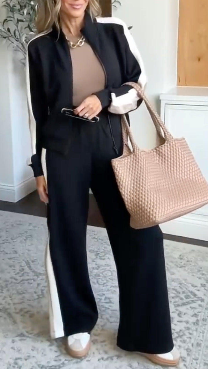 Stripe Zip Up Jacket And Flare Pants Tracksuit