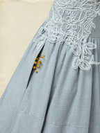 Maxi Cotton Dress, Half Sleeve, V Neck, Plaid, Lace, Vintage, Blue