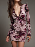Elegant Blush Floral Velvet Ruched Mini Dress With Lace Trim