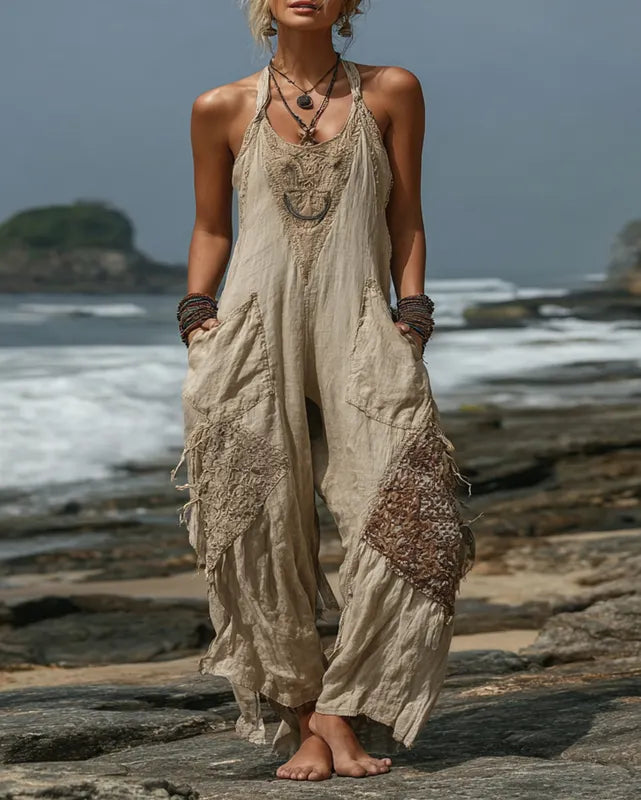 Summer Holiday Lace Hand Irregular Halter Overalls cd98