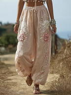 Bohemian Retro Pink Rose Women's Linen Casual Long Pants