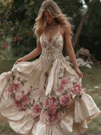 Women's Vintage Roses Embroidery Art V-neck Suspender Maxi Dress