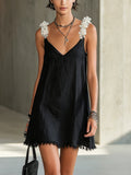 Black V-Neck Mini Dress With Floral Shoulder Straps