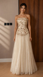 Strapless Gradient Floral Applique Pleated Tulle Evening Dress
