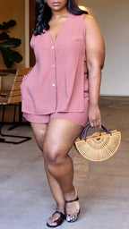 Pink Sleeveless Vest & Shorts Linen Two Piece Outfit