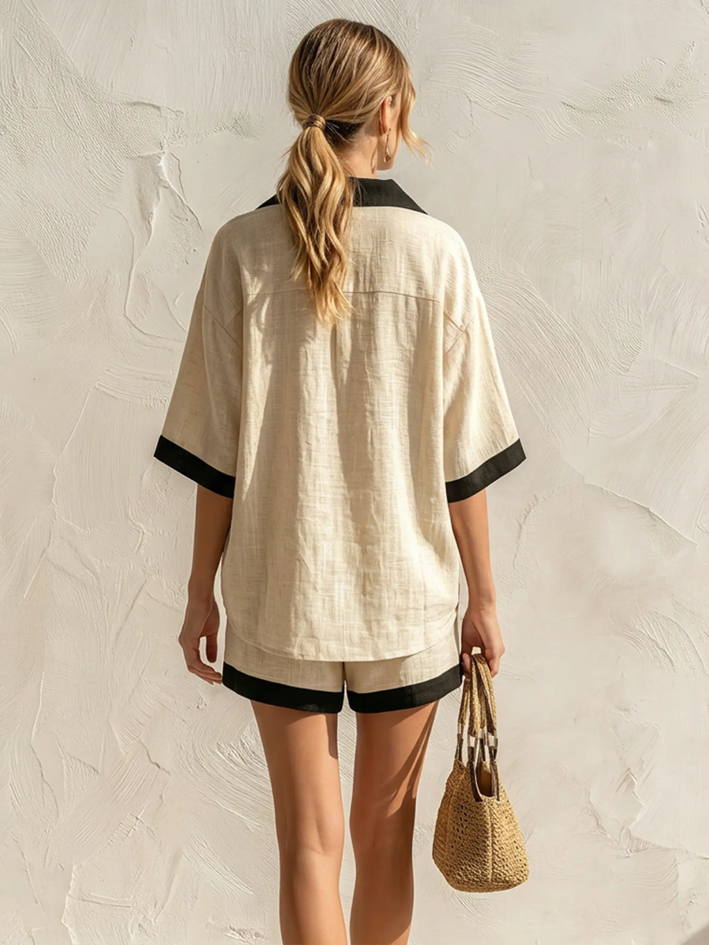 Beige Linen-Blend Contrast Trim Ruched Top & Drawstring Shorts Two-Piece Set