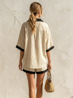 Beige Linen-Blend Contrast Trim Ruched Top & Drawstring Shorts Two-Piece Set