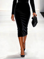 Black Feather-trimmed Mesh Velvet Crew Neck Long Sleeve Sheath Midi Dress