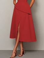 Red Slit Off The Shoulder A-Line Midi Dress