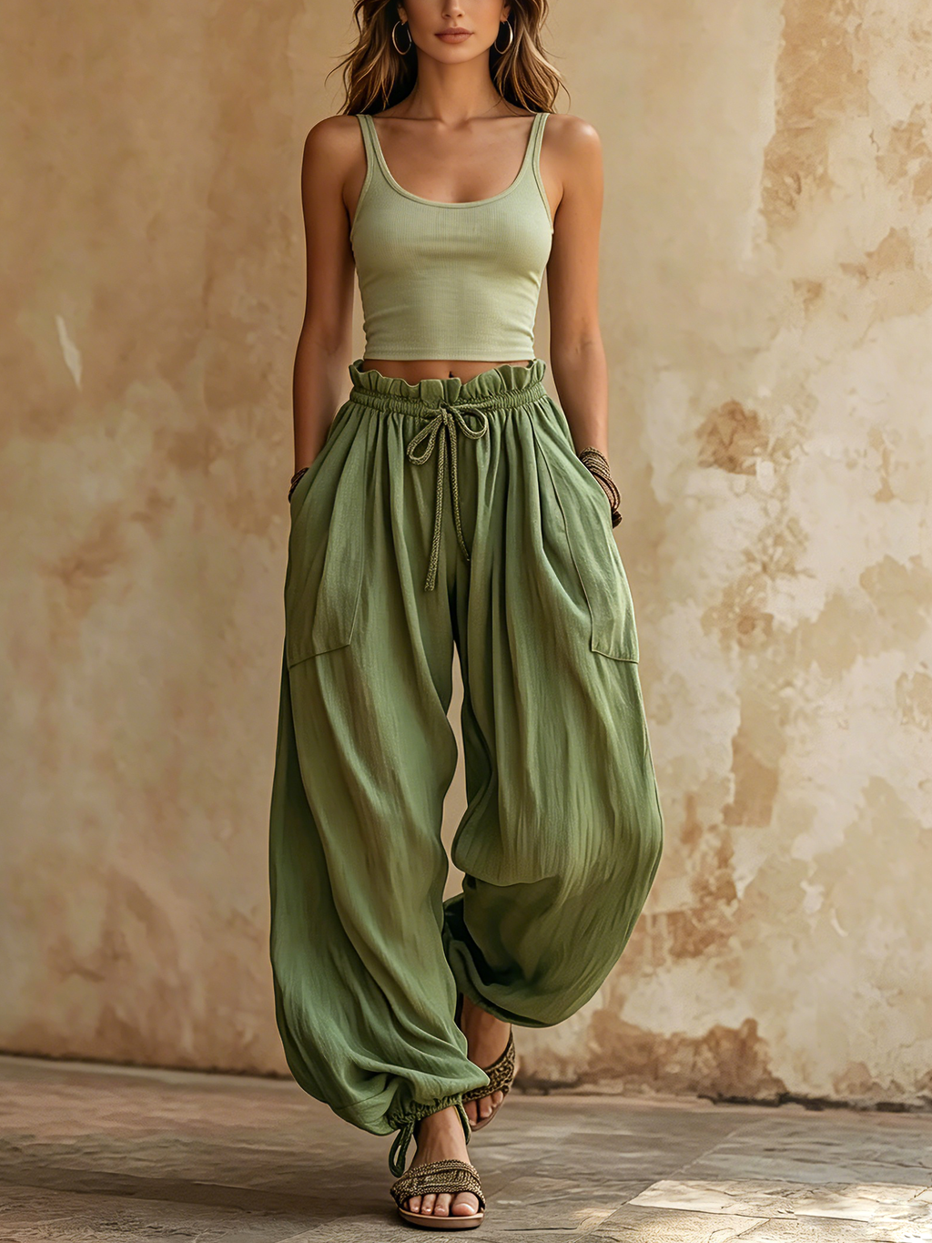 Olive Green High Waist Harem Pants For Summer Casual Wear
