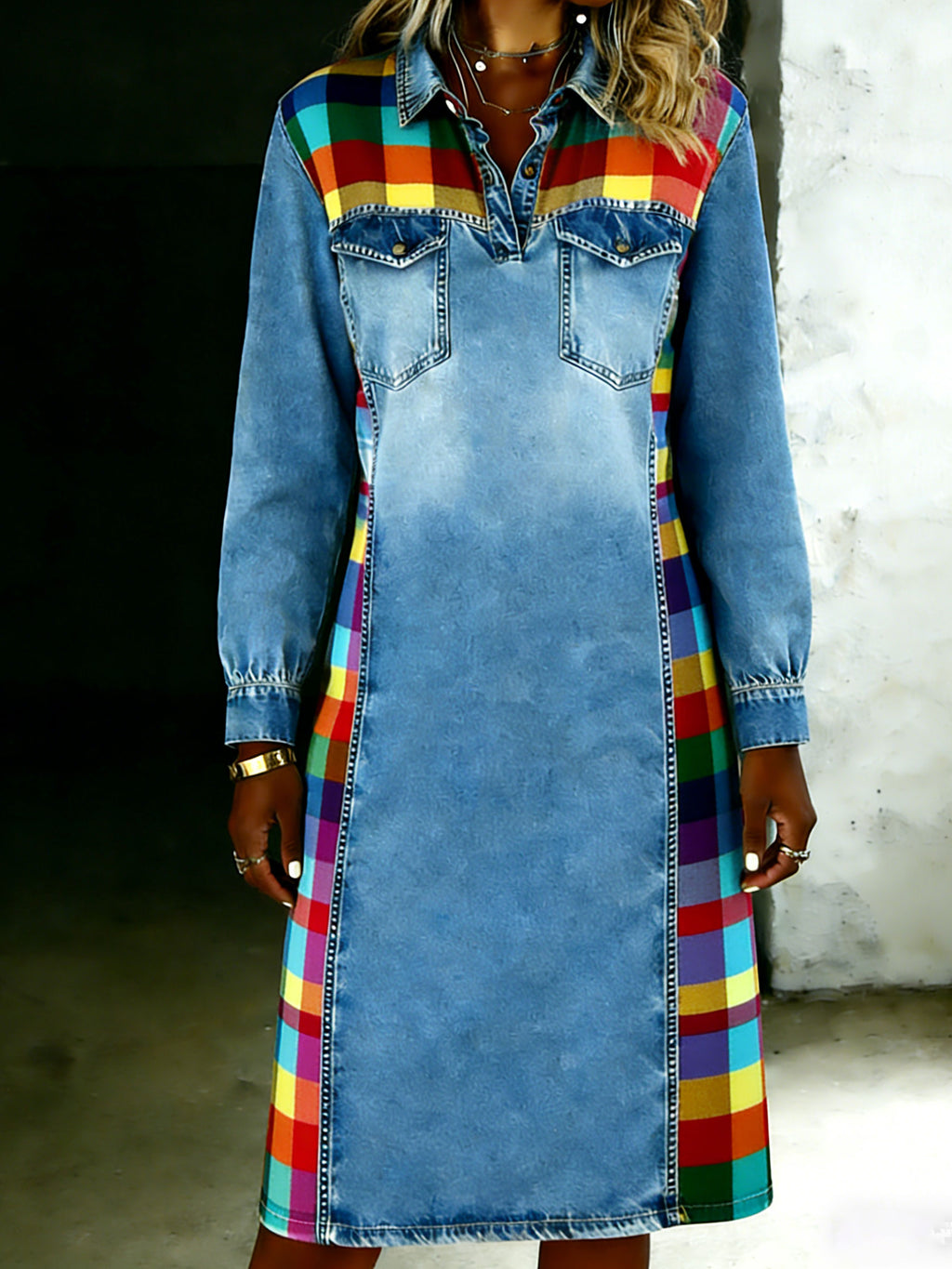 Women's Casual Fashionable Denim Patchwork Contrast Colors Dress