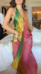 Rainbow Halter Deep V Twist Satin Maxi Dress