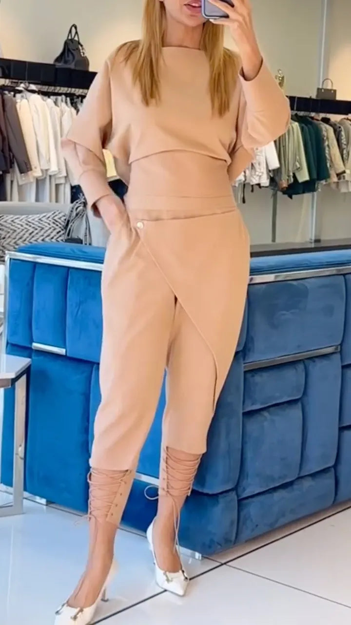 Nude  Crop Top & Asymmetrical Cropped Trouser 2 Piece Set