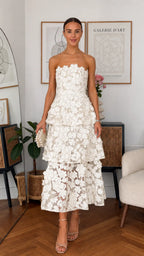 3D Floral Strapless Tiered Midi Dress