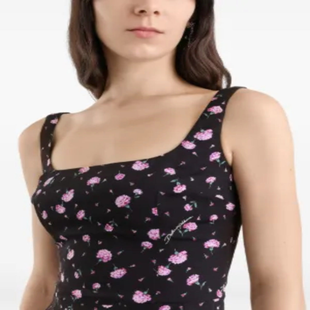 👗 Abito Midi Nero con Stampa Garofani Rosa