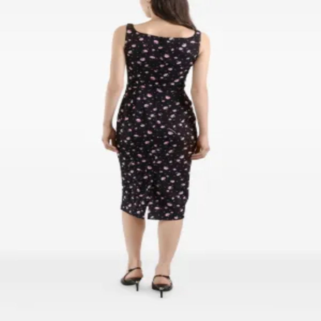 👗 Abito Midi Nero con Stampa Garofani Rosa