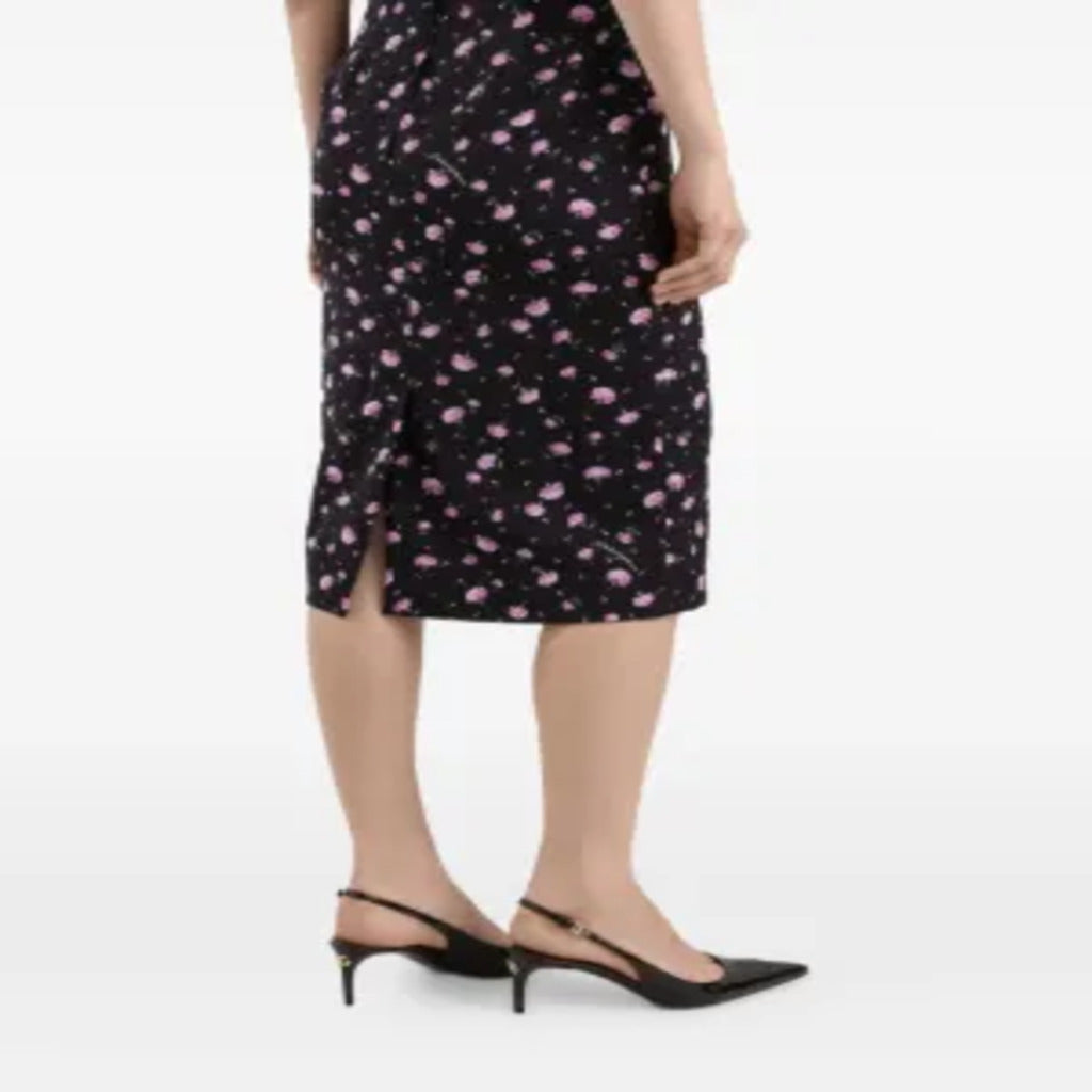 👗 Abito Midi Nero con Stampa Garofani Rosa