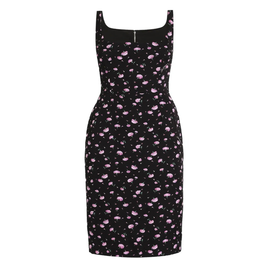 👗 Abito Midi Nero con Stampa Garofani Rosa