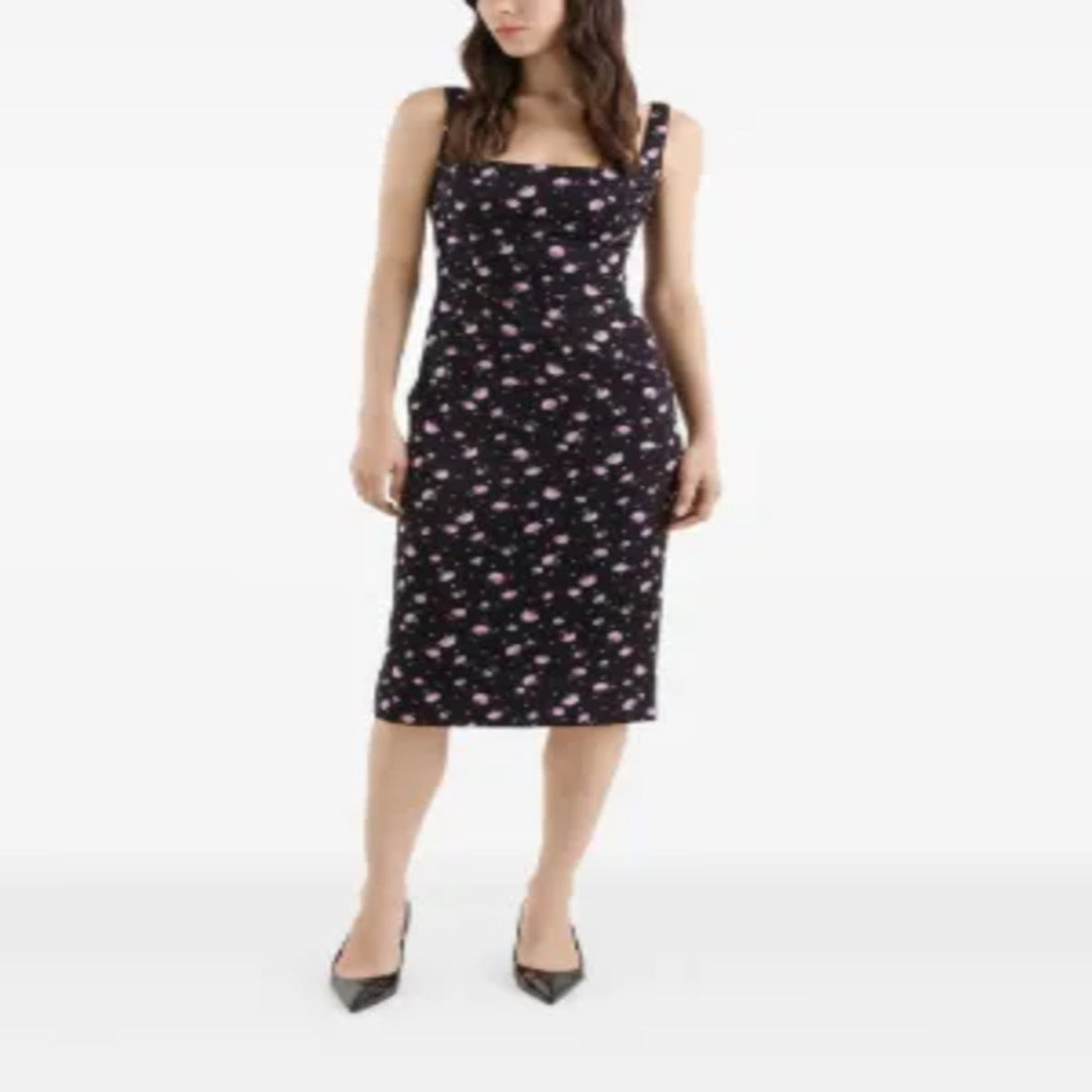 👗 Abito Midi Nero con Stampa Garofani Rosa