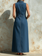 Sleeveless Button-Front Denim Maxi Dress With Collared Neck