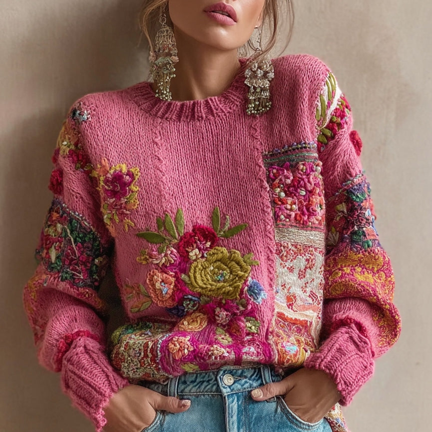 Women's Vintage Bohemian Floral Embroidery Art Cozy Knitted Sweater