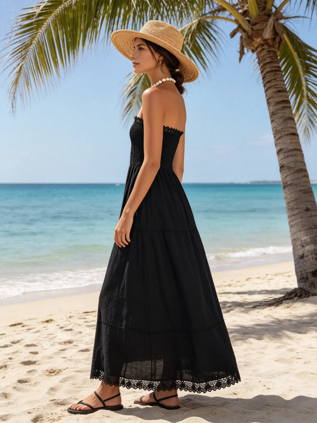 Black Cotton-Linen Blend Strapless Lace Trim Tiered Maxi Dress