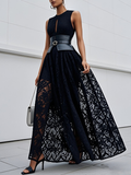 Black Lace Hollow Out Cotton Crew Neck Sleeveless A-Line Maxi Dress With Belt