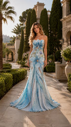 Gradient Floral Mermaid Train Evening Gown