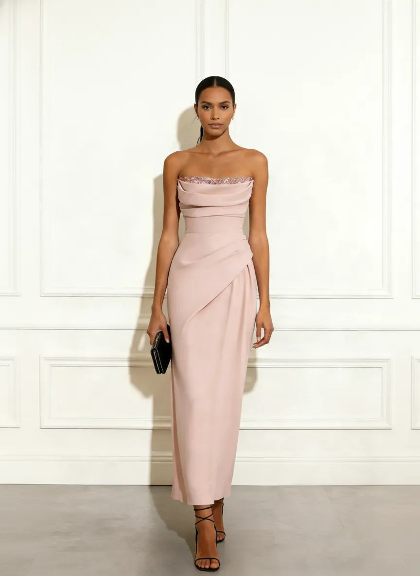 Pink Ruched Glitter Classic Strapless Sleeveless Sheath Maxi Dress
