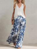 Casual Retro White Chiffon Top And Blue Floral Chiffon Wide-leg Pants Set