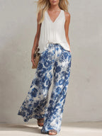 Casual Retro White Chiffon Top And Blue Floral Chiffon Wide-leg Pants Set