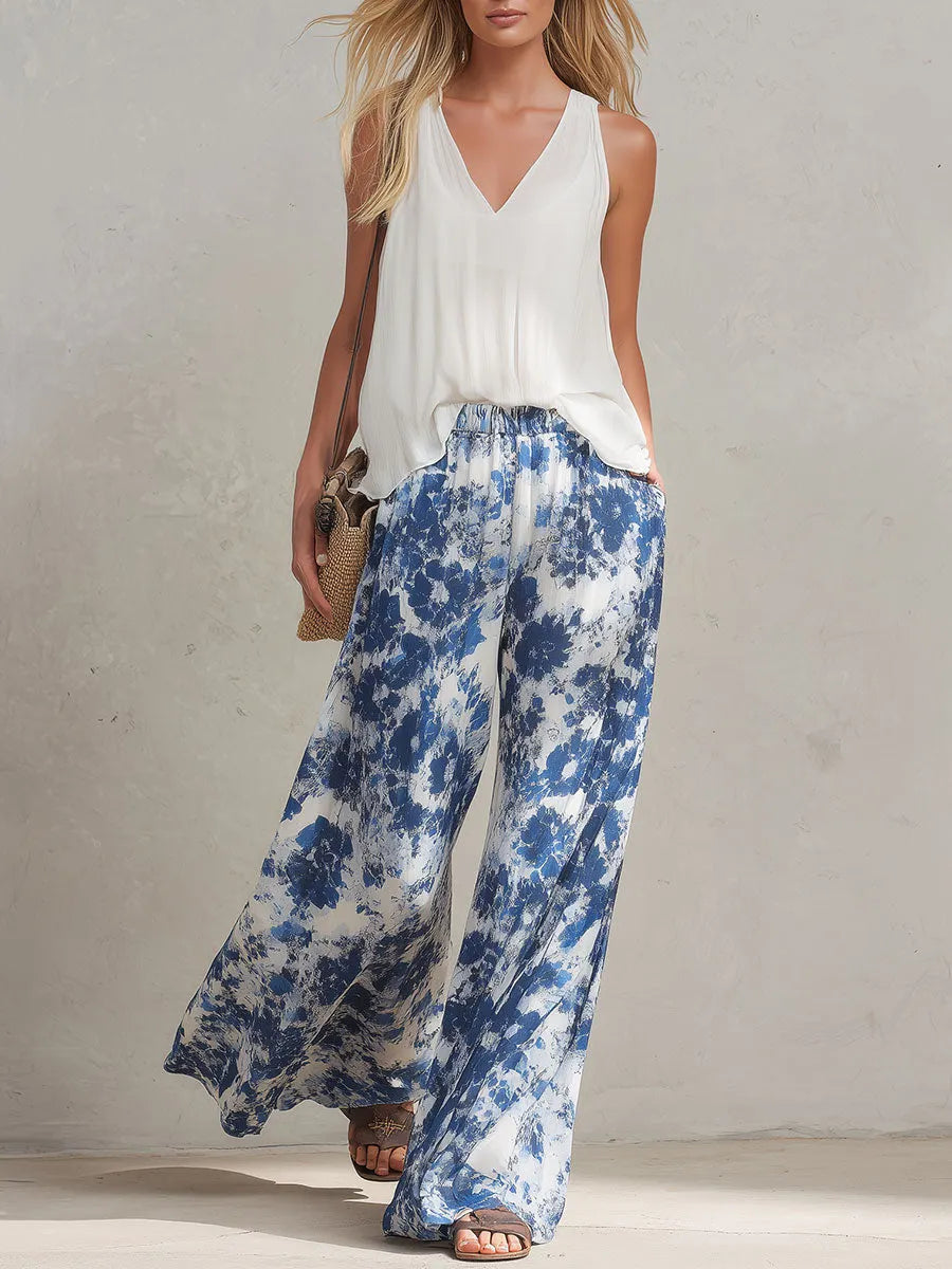 Casual Retro White Chiffon Top And Blue Floral Chiffon Wide-leg Pants Set
