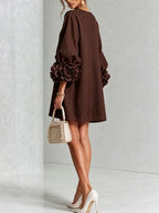 Women's 3D Floral Cuff Balloon Sleeve Mini Dress, Front Floral Button Cotton Linen Blend Shift Dress