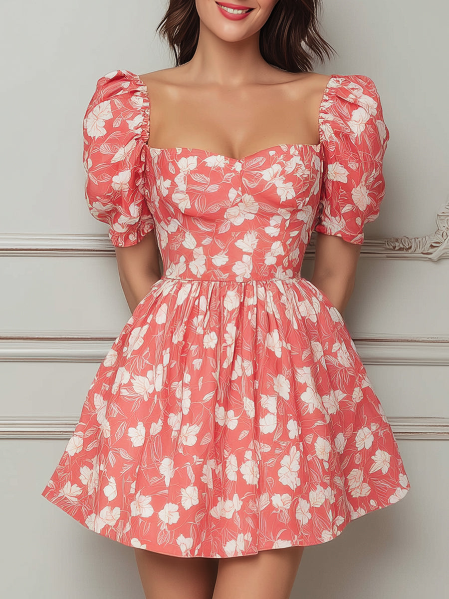 Coral White Floral Puff Short Sleeve Mini Dress