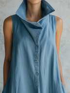 Light Wash Sleeveless Denim Maxi Dress | Collared Henley Casual Dress